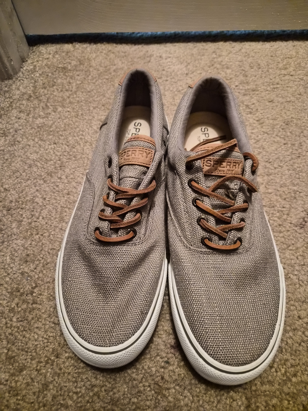 Sperry Men’s Taupe Canvas Boat Shoes with Brown Leather Laces